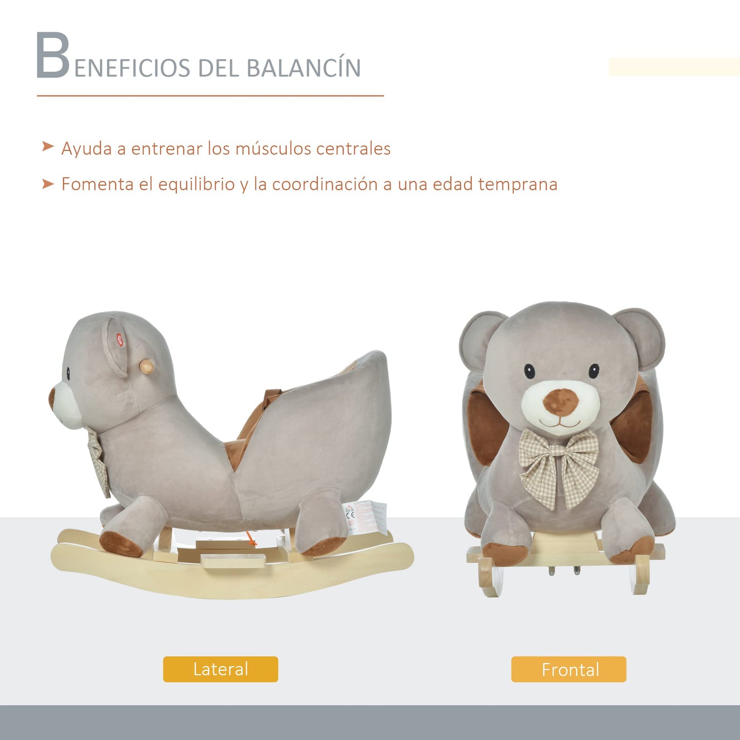 HOMCOM Cavallo a Dondolo a Forma di Orso con Suoni, Cavalluccio a Dondolo per Bambini 18-36 mesi Interattivo, Grigio, 60x33x50cm