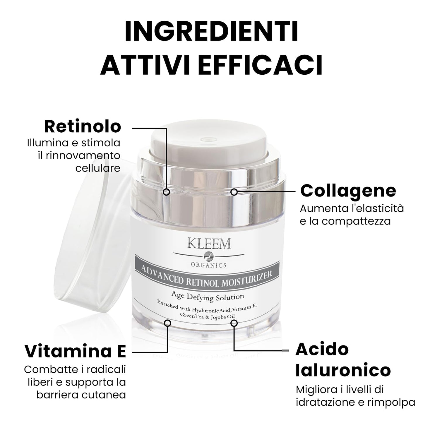 Crema Viso Antirughe Acido ialuronico con Retinolo e Collagene - Eletta Miglior Crema Antirughe Donna e Uomo per Rughe, Macchie Scure e Linee Sottili - 50ml