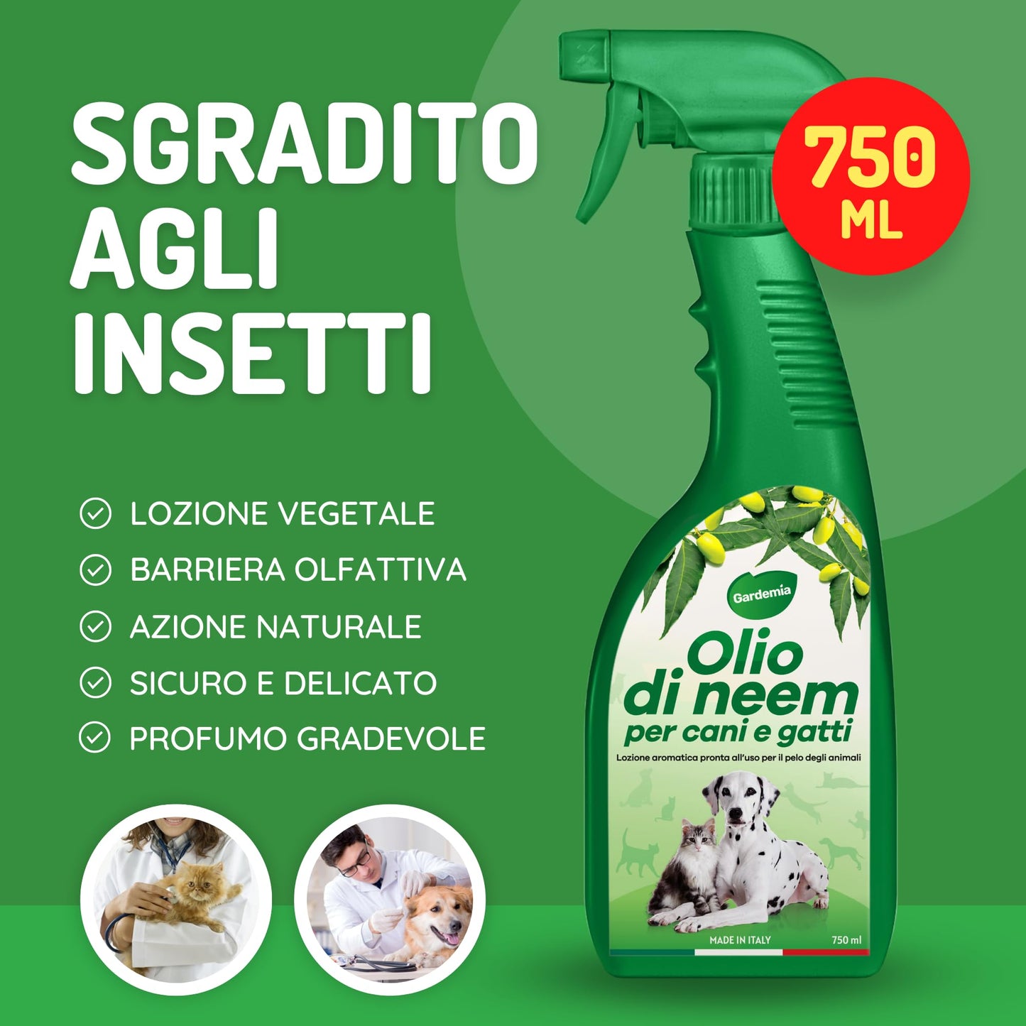 Gardemia Olio di Neem per Cani Gatti Spray 750ml Sgradito a Zecche Pulci Zanzare Insetti Azione Naturale Effetto Barriera abbinabile a Repellente Antipulci Antiparassitario Aroma Gradevole
