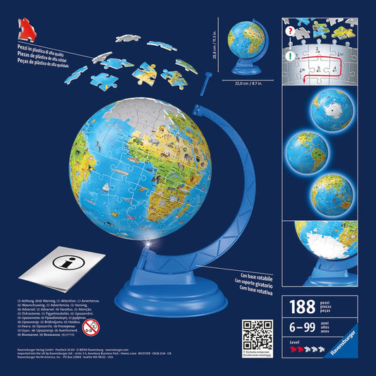 Ravensburger - Puzzle 3D, Globo Night Edition con Luce, Impara la Geografia in Inglese, per Adulti e Bambini 6+ Anni, Idea Regalo, 188 Pezzi