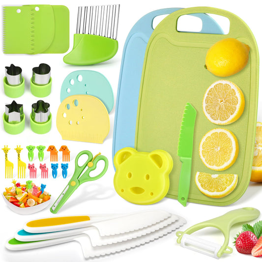 WSIANNG Set di Coltelli da Cucina per Bambini, 29 Pezzi Sicurezza Utensili Cucina per Bambini, Coltello da Cucina per Bambini per Cucinare e Tagliare la Frutta, Montessori Coltello Bambini