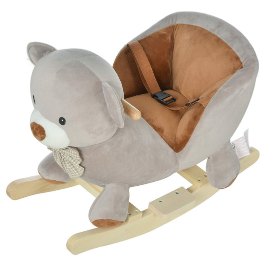 HOMCOM Cavallo a Dondolo a Forma di Orso con Suoni, Cavalluccio a Dondolo per Bambini 18-36 mesi Interattivo, Grigio, 60x33x50cm