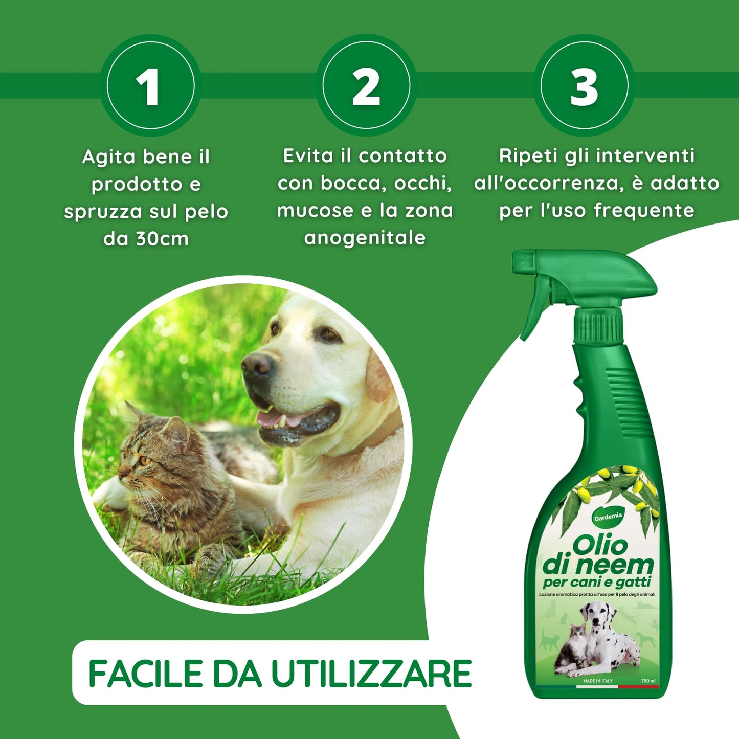 Gardemia Olio di Neem per Cani Gatti Spray 750ml Sgradito a Zecche Pulci Zanzare Insetti Azione Naturale Effetto Barriera abbinabile a Repellente Antipulci Antiparassitario Aroma Gradevole