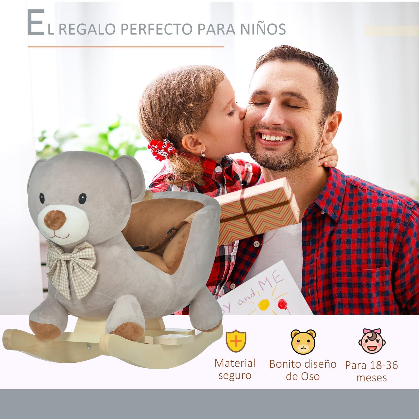 HOMCOM Cavallo a Dondolo a Forma di Orso con Suoni, Cavalluccio a Dondolo per Bambini 18-36 mesi Interattivo, Grigio, 60x33x50cm
