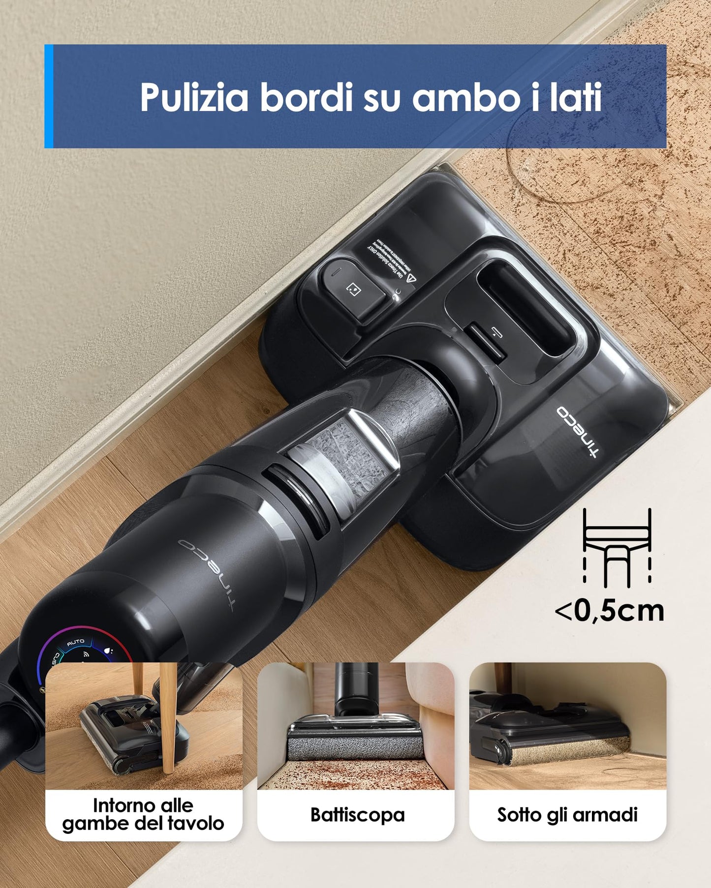 Tineco Floor ONE S7 Stretch Ultra Lavapavimenti aspirapolvere senza fili, ad umido e a secco, Design reclinabile a 180°zero grovigli, 50 minuti di autonomia, auto-pulizia FlashDry a 85°C