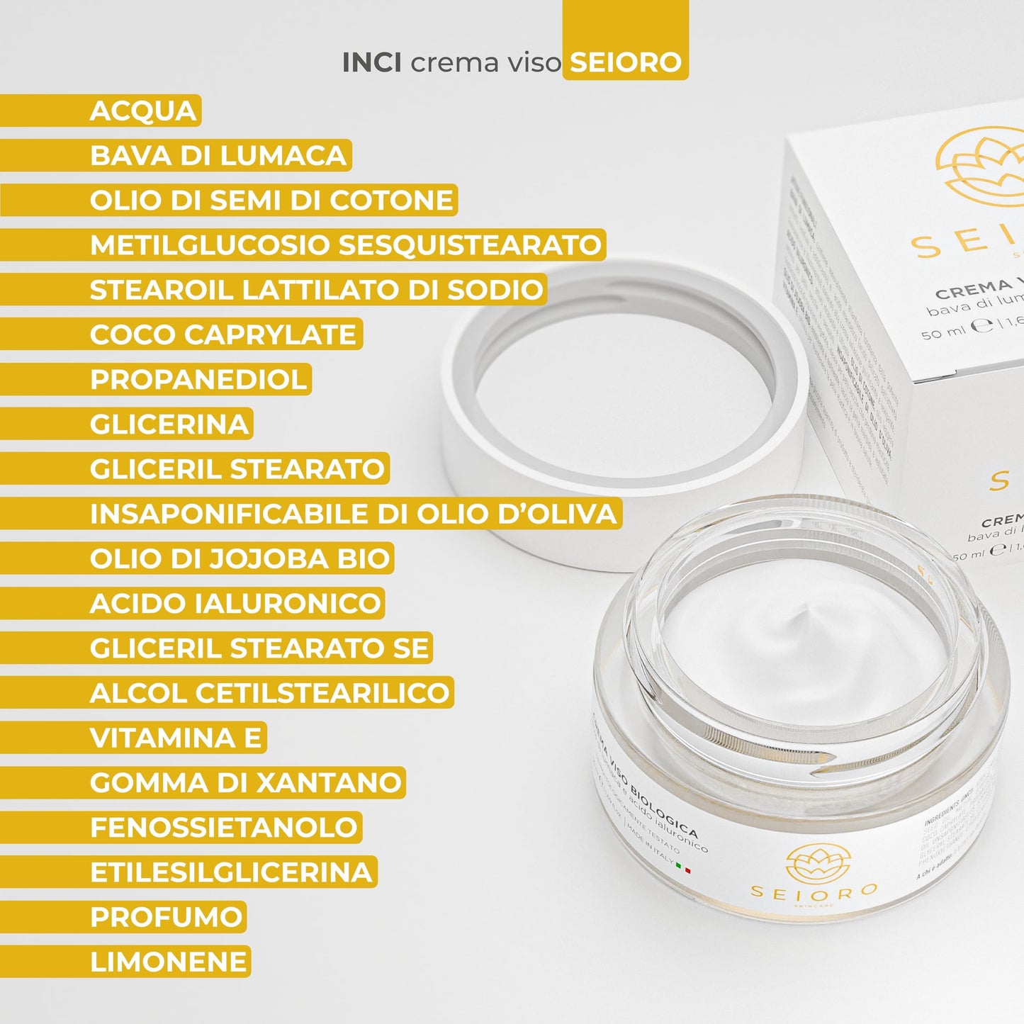 SEIORO Crema Viso Bava di Lumaca Biologica con Acido Ialuronico e Vitamina E. Antirughe Donna Idratante e Antimacchie per Pelle Mista, Secca o Grassa, 50 ml. | 100% Made In Italy