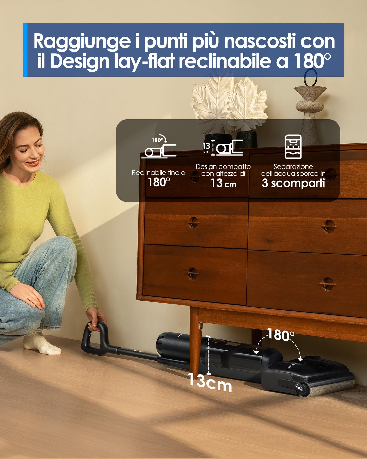 Tineco Floor ONE S7 Stretch Ultra Lavapavimenti aspirapolvere senza fili, ad umido e a secco, Design reclinabile a 180°zero grovigli, 50 minuti di autonomia, auto-pulizia FlashDry a 85°C